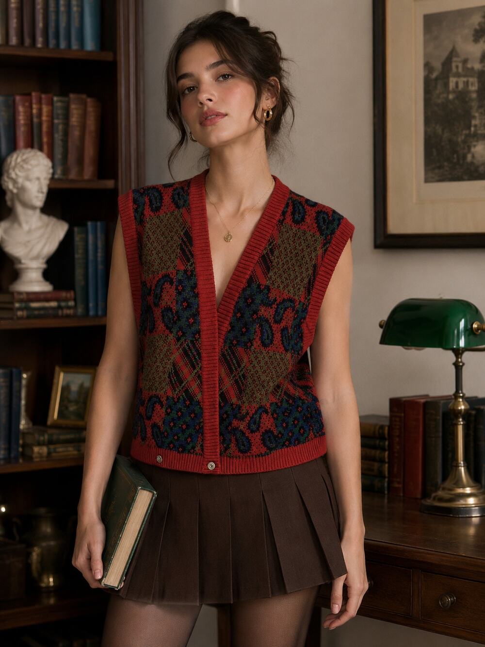 Vintage Virgin Wool Patchwork Knit Sweater Vest Womens L Academia Preppy Grandpa